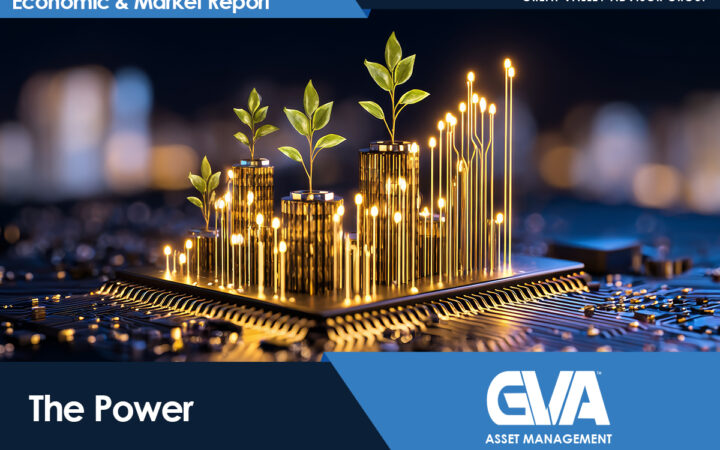 Hero banner for Economic & Market Report by Great Valley Advisor Group, showing sprouts growing from glowing gold stacks on a circuit-board background with the GVA Asset Management logo.