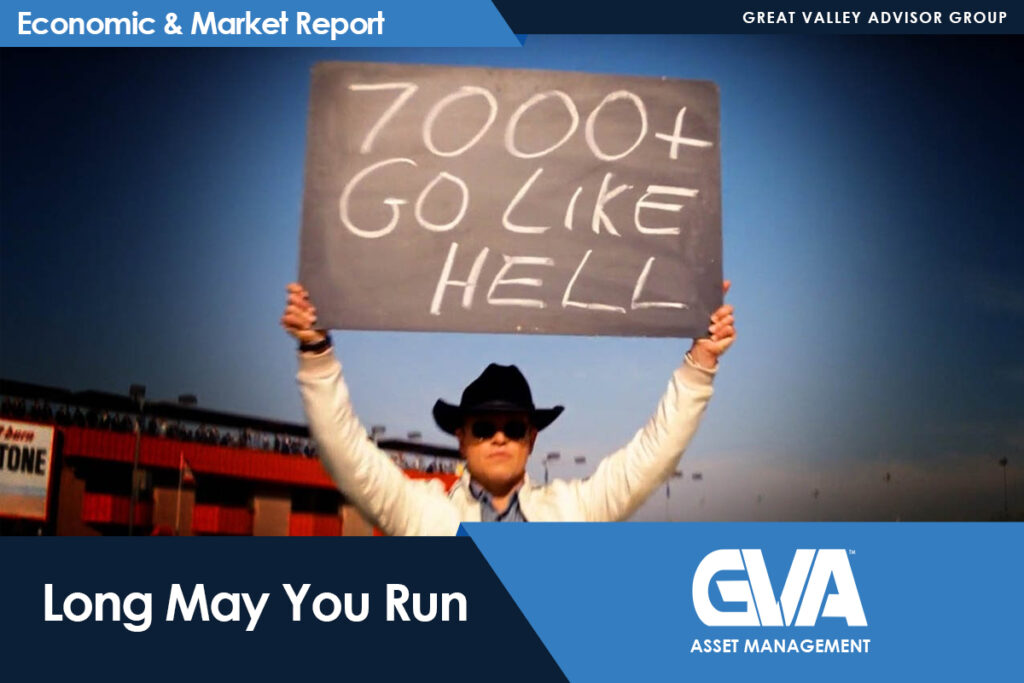 Person in a cowboy hat holding a large sign that reads '7000+ GO LIKE HELL' at a stadium, with branding for Economic & Market Report and GVA Asset Management in the banner.