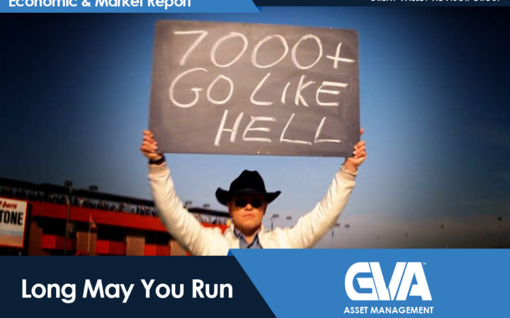 Person in a cowboy hat holding a large sign that reads '7000+ GO LIKE HELL' at a stadium, with branding for Economic & Market Report and GVA Asset Management in the banner.