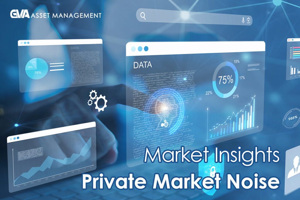 Futuristic blue data dashboards and charts with the title 'Market Insights' and 'Private Market Noise'.