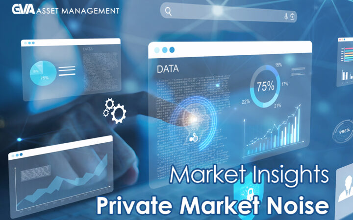 Futuristic blue data dashboards and charts with the title 'Market Insights' and 'Private Market Noise'.