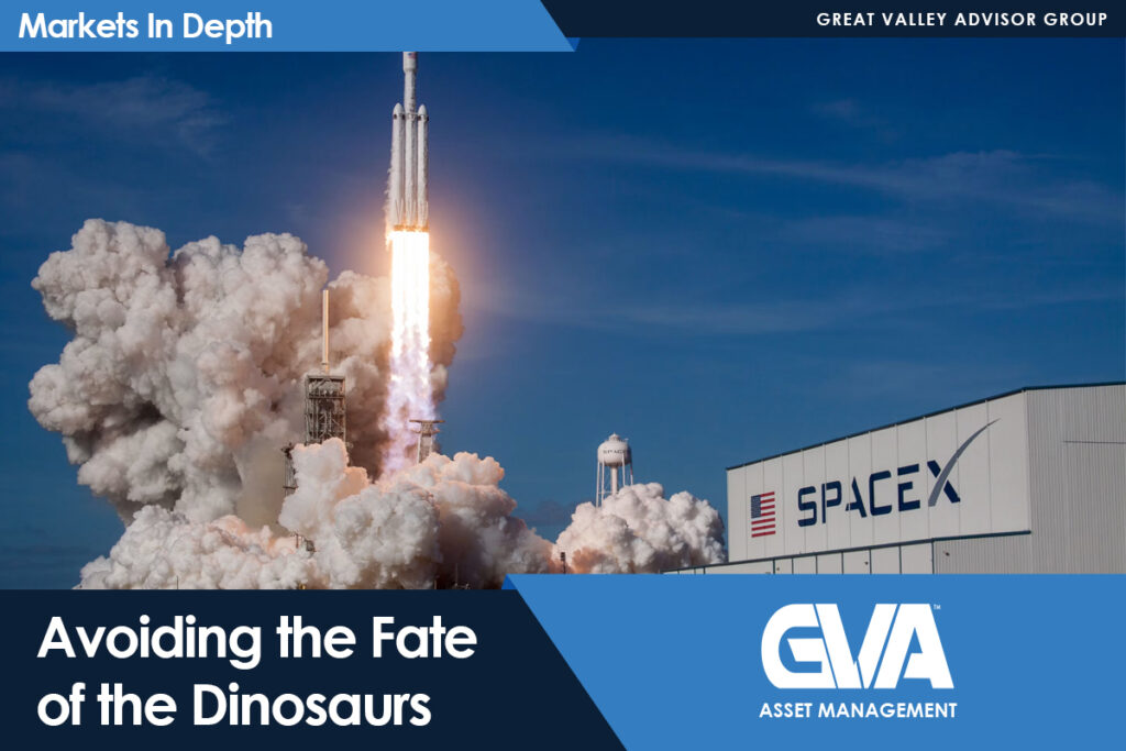 Rocket launch at SpaceX facility with dramatic smoke plume; header reads Markets In Depth and bottom branding shows GVA Asset Management.