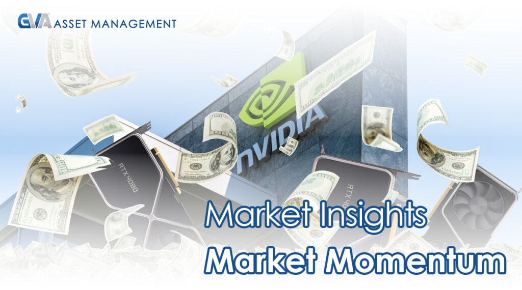 Brand banner with CVA Asset Management logo, NVIDIA signage, GPUs, and money raining, captioned 'Market Insights Market Momentum'.