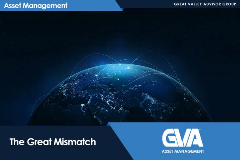 Night Earth globe with glowing network lines against a dark background, banner text 'Asset Management' and 'Great Valley Advisor Group', title 'The Great Mismatch' and the GVA Asset Management logo.